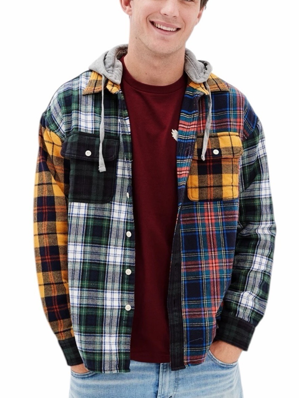 American Eagle Super Soft Hooded Flannel Shirt Multicolor Plaid Colorway Size M